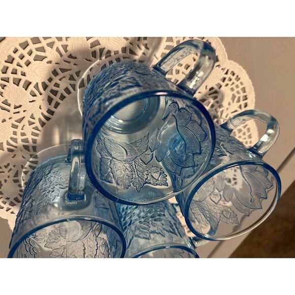Vintage Kig Indonesia Glass Mugs - Set of 4, Ice Blue, Embossed Fruit GREAT USED - Picture 8 of 9